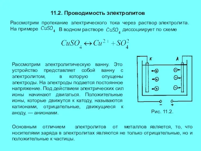 11.2. Проводимость электролитов Рассмотрим протекание электрического тока через раствор электролита. На примере