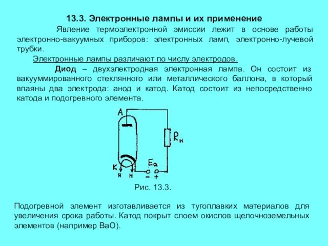 13.3. Электронные лампы и их применение Явление термоэлектронной эмиссии лежит в основе