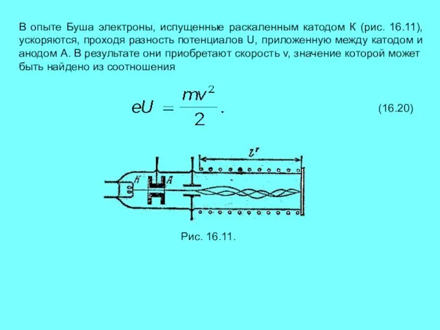 В опыте Буша электроны, испущенные раскаленным катодом К (рис. 16.11), ускоряются, проходя