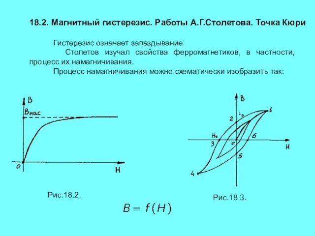 18.2. Магнитный гистерезис. Работы А.Г.Столетова. Точка Кюри Гистерезис означает запаздывание. Столетов изучал