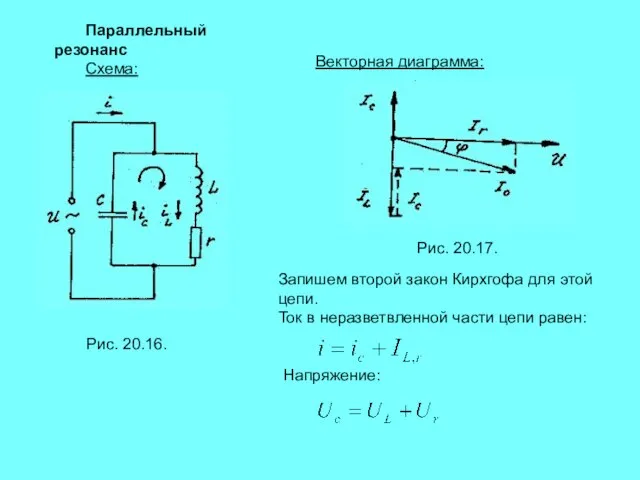 Параллельный резонанс Схема: Рис. 20.16. Векторная диаграмма: Рис. 20.17. Напряжение: Запишем второй