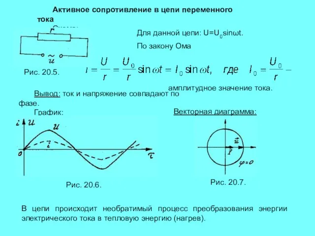 Активное сопротивление в цепи переменного тока Схема: Рис. 20.5. Для данной цепи: