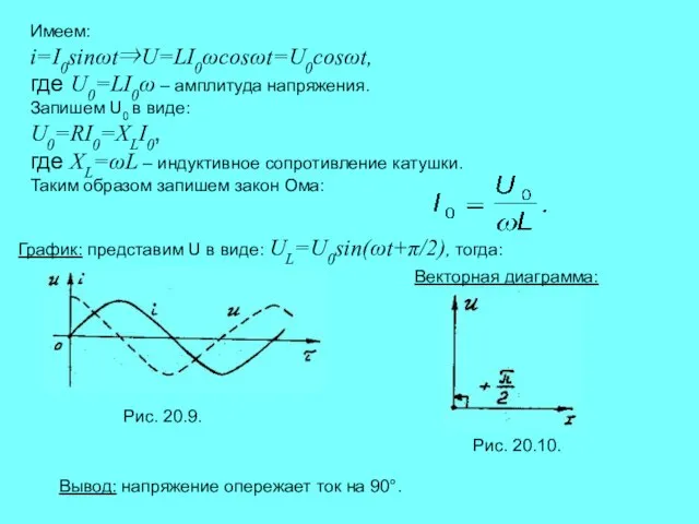 Имеем: i=I0sinωt⇒U=LI0ωcosωt=U0cosωt, где U0=LI0ω – амплитуда напряжения. Запишем U0 в виде: U0=RI0=XLI0,