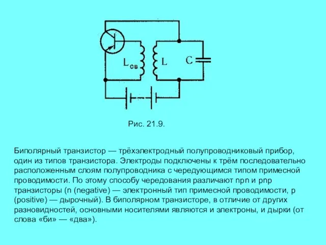 Рис. 21.9. Биполярный транзистор — трёхэлектродный полупроводниковый прибор, один из типов транзистора.