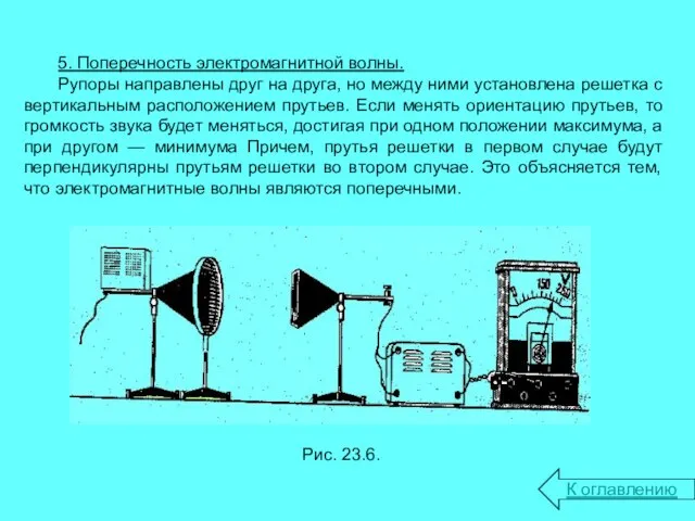 5. Поперечность электромагнитной волны. Рупоры направлены друг на друга, но между ними