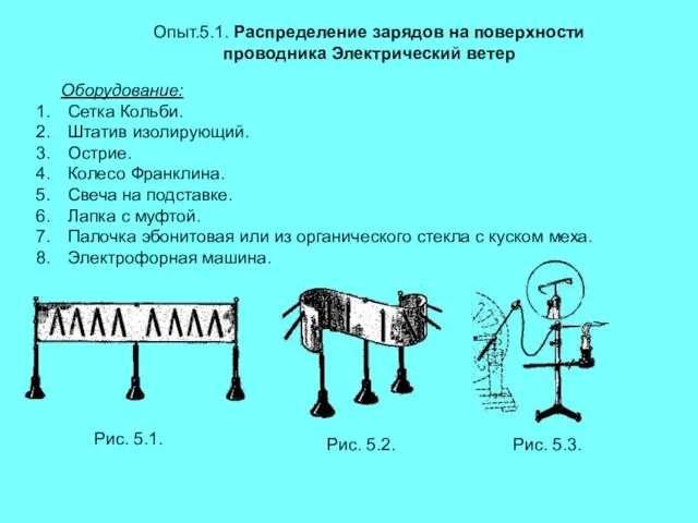 Опыт.5.1. Распределение зарядов на поверхности проводника Электрический ветер Оборудование: Сетка Кольби. Штатив