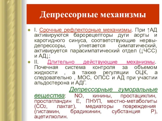 Депрессорные механизмы I. Срочные рефлекторные механизмы. При ↑АД активируются барорецепторы дуги аорты