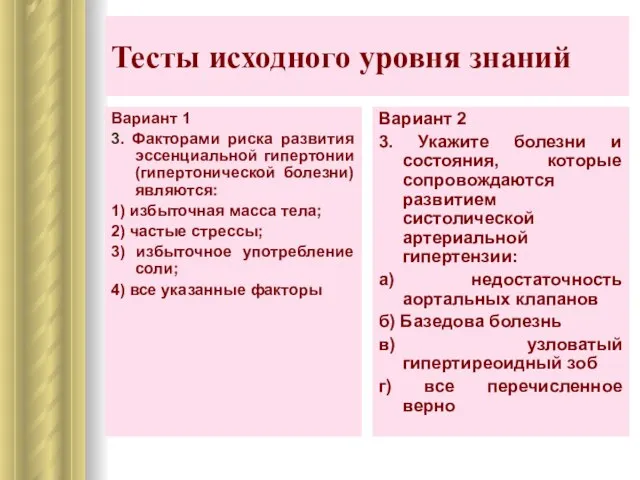 Тесты исходного уровня знаний Вариант 1 3. Факторами риска развития эссенциальной гипертонии