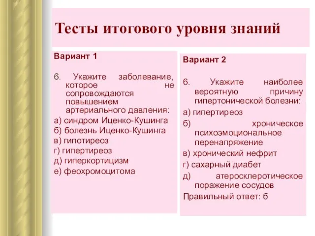 Тесты итогового уровня знаний Вариант 2 6. Укажите наиболее вероятную причину гипертонической