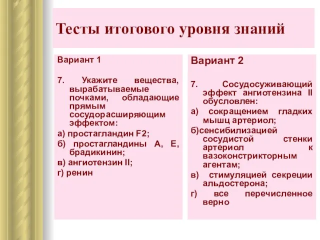 Тесты итогового уровня знаний Вариант 2 7. Сосудосуживающий эффект ангиотензина II обусловлен: