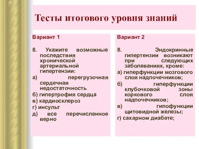 Тесты итогового уровня знаний Вариант 2 8. Эндокринные гипертензии возникают при следующих