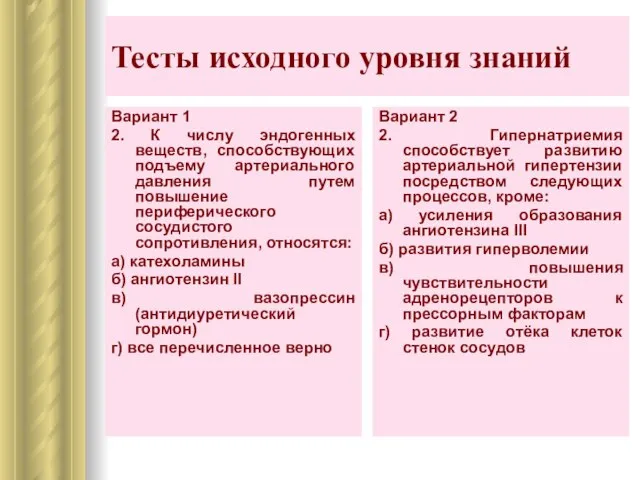 Тесты исходного уровня знаний Вариант 1 2. К числу эндогенных веществ, способствующих