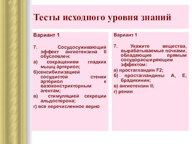 Тесты исходного уровня знаний Вариант 1 7. Сосудосуживающий эффект ангиотензина II обусловлен: