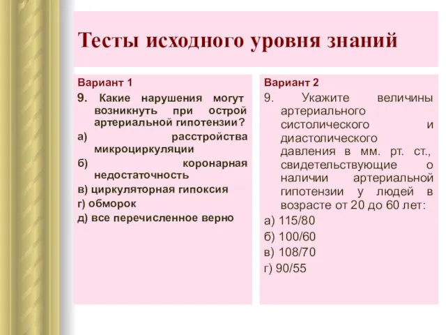 Тесты исходного уровня знаний Вариант 1 9. Какие нарушения могут возникнуть при