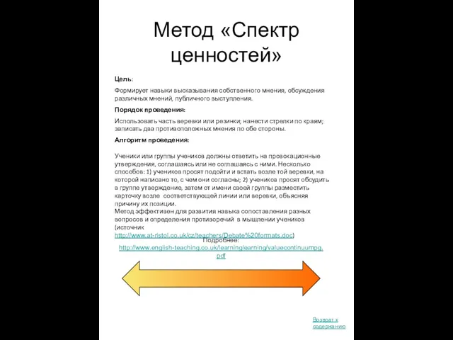 Метод «Спектр ценностей» Подробнее: http://www.english-teaching.co.uk/learninglearning/valuecontinuumpg.pdf Цель: Формирует навыки высказывания собственного мнения, обсуждения