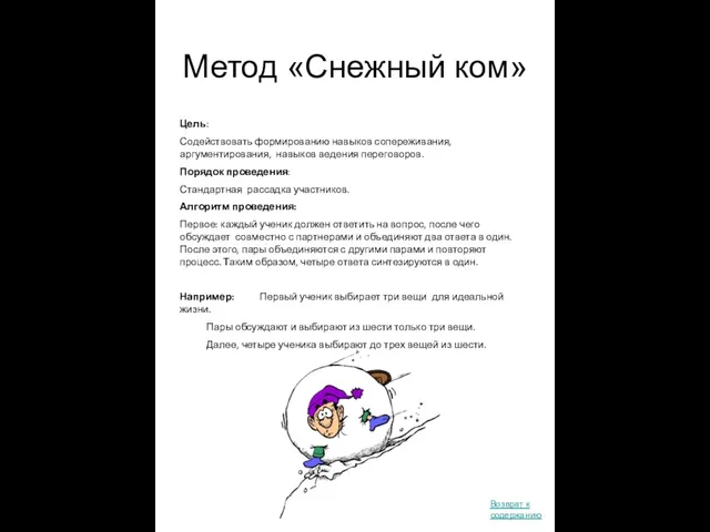 Метод «Снежный ком» Цель: Содействовать формированию навыков сопереживания, аргументирования, навыков ведения переговоров.