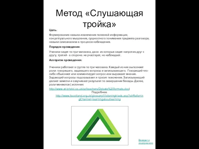 Метод «Слушающая тройка» Подробнее: http://www.ltscotland.org.uk/glossary/l/listeningtriads.asp?strReferringChannel=learningaboutlearning Цель: Формирование навыка извлечения полезной информации, концептуального