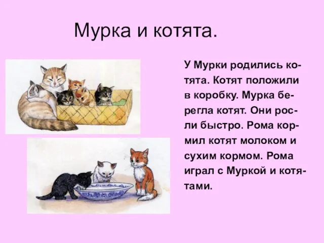 Мурка и котята. У Мурки родились ко- тята. Котят положили в коробку.