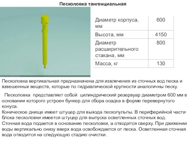 Песколовка тангенциальная Песколовка вертикальная предназначена для извлечения из сточных вод песка и