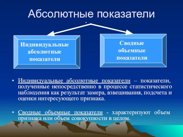 Абсолютные показатели Индивидуальные абсолютные показатели – показатели, полученные непосредственно в процессе статистического