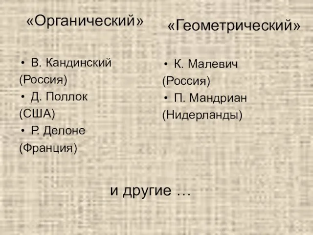 «Органический» В. Кандинский (Россия) Д. Поллок (США) Р. Делоне (Франция) К. Малевич