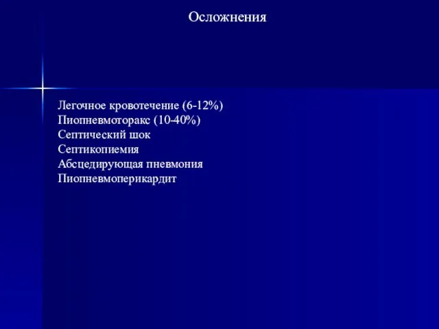 Осложнения Легочное кровотечение (6-12%) Пиопневмоторакс (10-40%) Септический шок Септикопиемия Абсцедирующая пневмония Пиопневмоперикардит