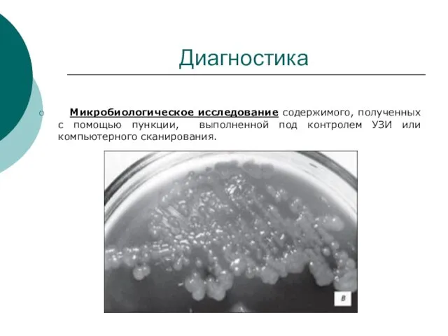 Диагностика Микробиологическое исследование содержимого, полученных с помощью пункции, выполненной под контролем УЗИ или компьютерного сканирования.