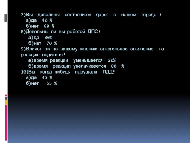 7)Вы довольны состоянием дорог в нашем городе ? а)да 40 % б)нет