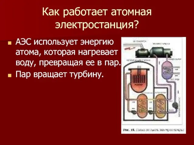 Как работает атомная электростанция? АЭС использует энергию атома, которая нагревает воду, превращая