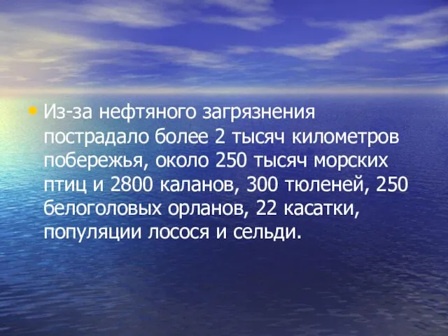 Из-за нефтяного загрязнения пострадало более 2 тысяч километров побережья, около 250 тысяч