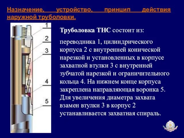 Назначение, устройство, принцип действия наружной труболовки. Труболовка ТНС состоит из: переводника 1,