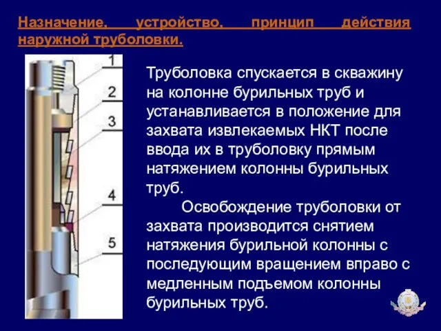 Назначение, устройство, принцип действия наружной труболовки. Труболовка спускается в скважину на колонне