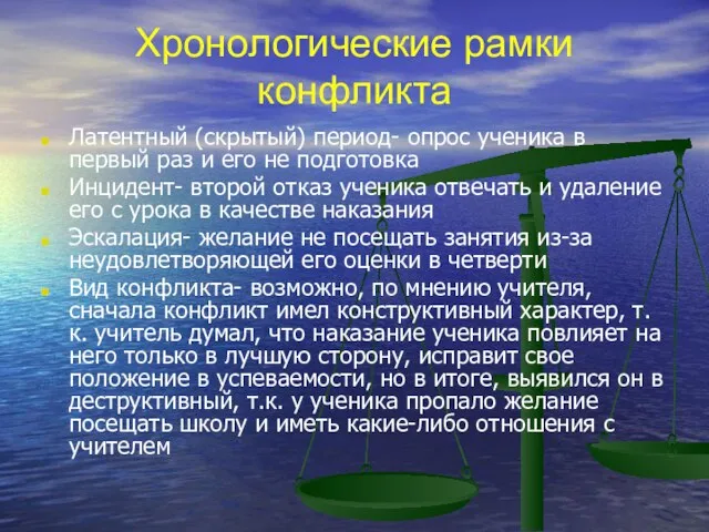 Хронологические рамки конфликта Латентный (скрытый) период- опрос ученика в первый раз и