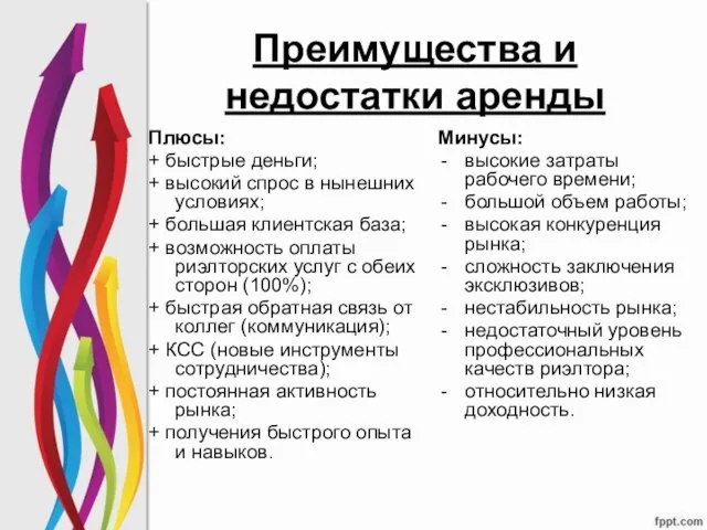 Преимущества и недостатки аренды Плюсы: + быстрые деньги; + высокий спрос в