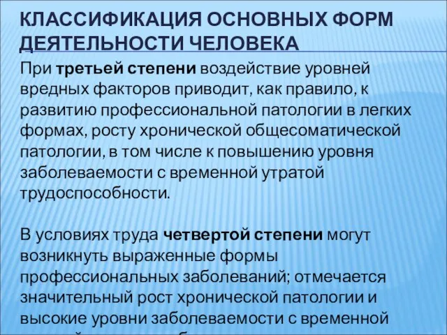 КЛАССИФИКАЦИЯ ОСНОВНЫХ ФОРМ ДЕЯТЕЛЬНОСТИ ЧЕЛОВЕКА При третьей степени воздействие уровней вредных факторов