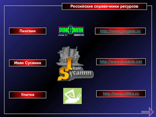 Российские справочники ресурсов Пингвин Иван Сусанин Улитка http://www.pingwin.ru http://www.susanin.net http://www.ulitka.ru