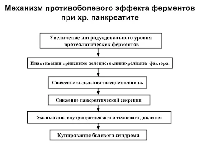 Механизм противоболевого эффекта ферментов при хр. панкреатите Увеличение интрадуоденального уровня протеолитических ферментов