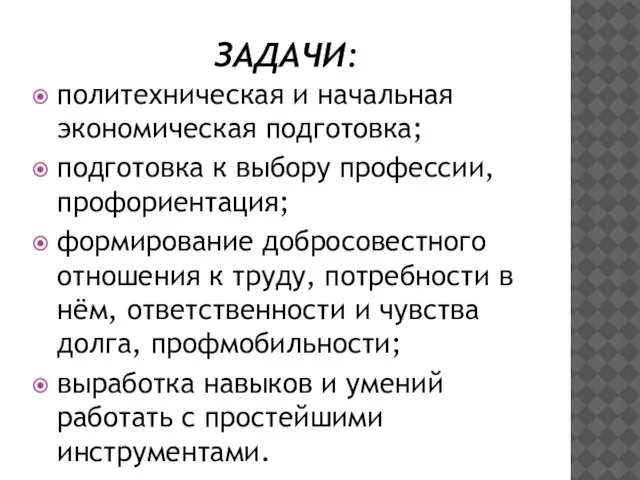 ЗАДАЧИ: политехническая и начальная экономическая подготовка; подготовка к выбору профессии, профориентация; формирование