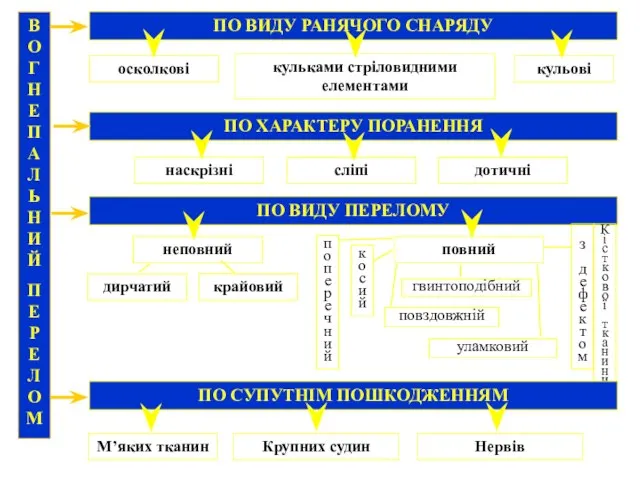 ВОГНЕПАЛЬНИЙ ПЕРЕЛОМ ПО ВИДУ РАНЯЧОГО СНАРЯДУ осколкові кульові кульками стріловидними елементами ПО