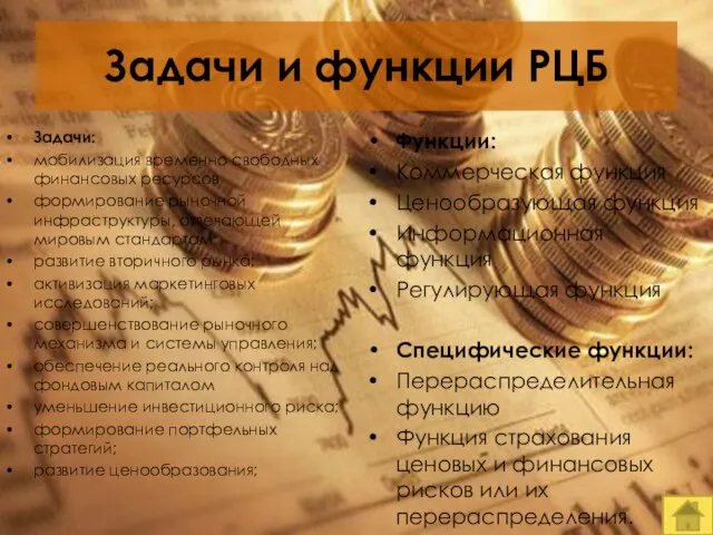 Задачи и функции РЦБ Задачи: мобилизация временно свободных финансовых ресурсов формирование рыночной