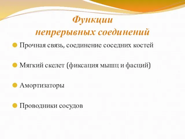 Функции непрерывных соединений Прочная связь, соединение соседних костей Мягкий скелет (фиксация мышц