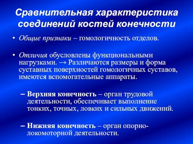 Сравнительная характеристика соединений костей конечности Общие признаки – гомологичность отделов. Отличия обусловлены