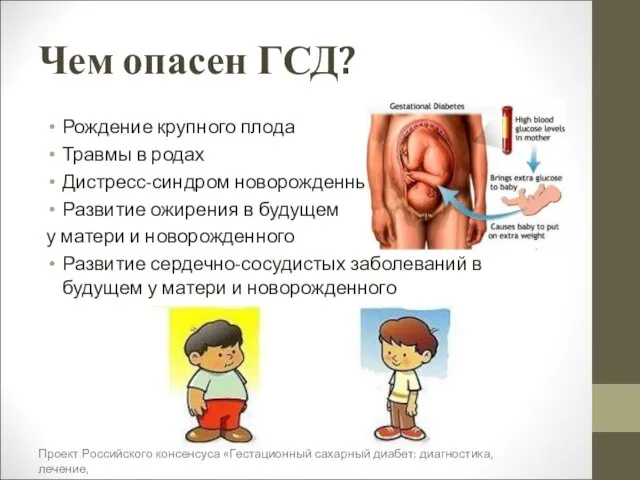 Чем опасен ГСД? Рождение крупного плода Травмы в родах Дистресс-синдром новорожденных Развитие