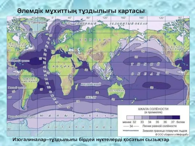 Әлемдік мұхиттың тұздылығы картасы. Изогалиналар–тұздылығы бірдей нүктелерді қосатын сызықтар