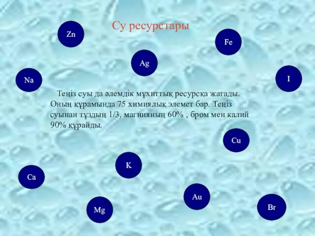 Теңіз суы да әлемдік мұхиттық ресурсқа жатады. Оның құрамында 75 химиялық элемет