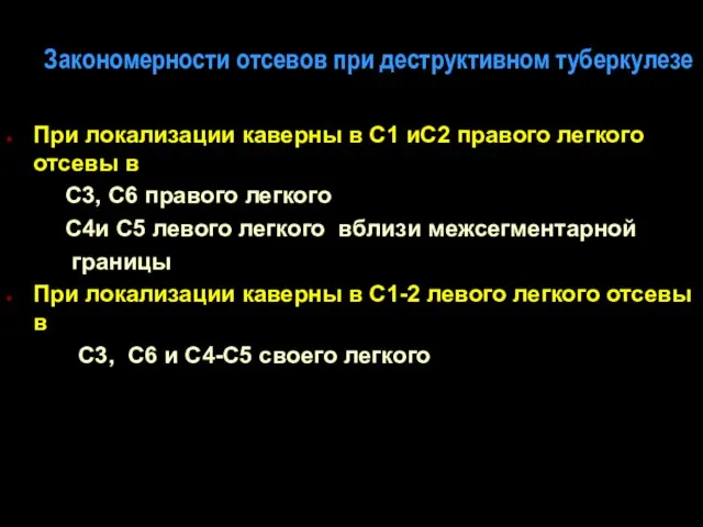 Закономерности отсевов при деструктивном туберкулезе При локализации каверны в С1 иС2 правого