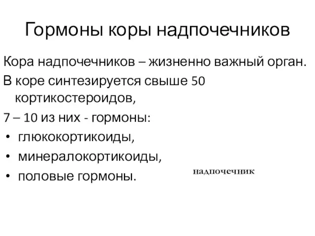 Гормоны коры надпочечников Кора надпочечников – жизненно важный орган. В коре синтезируется