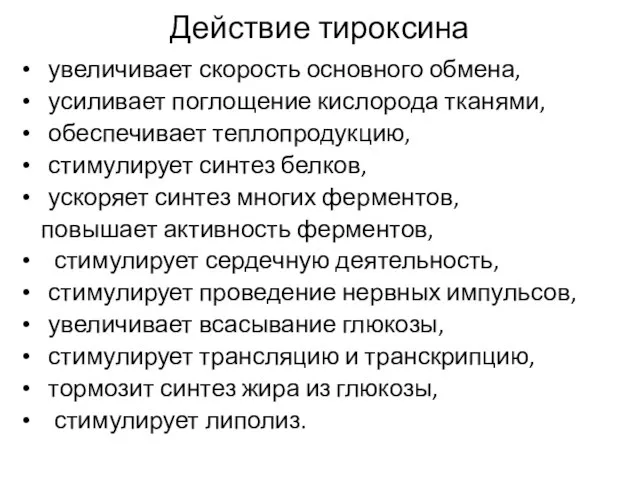 Действие тироксина увеличивает скорость основного обмена, усиливает поглощение кислорода тканями, обеспечивает теплопродукцию,