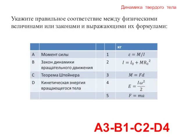 Динамика твердого тела А3-В1-С2-D4 Укажите правильное соответствие между физическими величинами или законами и выражающими их формулами: