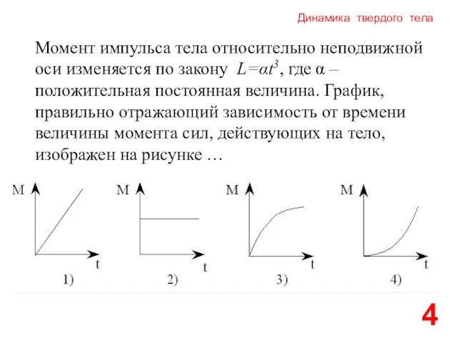 Динамика твердого тела 4 Момент импульса тела относительно неподвижной оси изменяется по